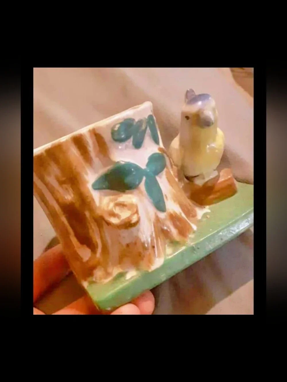 Ceramic Bird on Tree Stump Figurine Planter- Yellow & Green